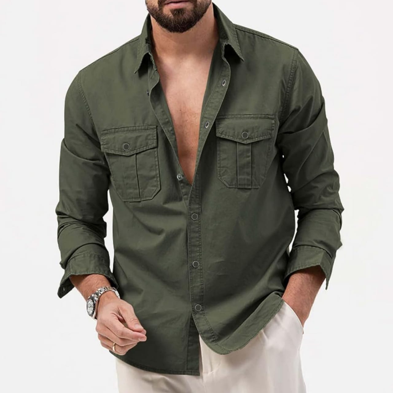Full Sleeve Double Pocket Snap Button Shirt